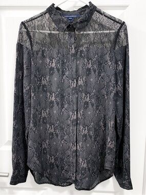 French Connection Black and Dusty Mauve Lace Cold Shoulder Button-Down Blouse